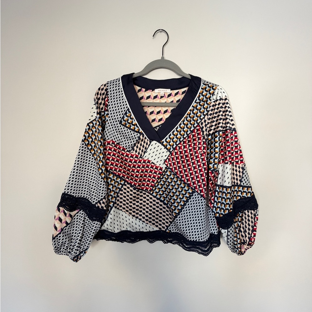 Skies Are Blue Navy Pink Geometric Print Blouse